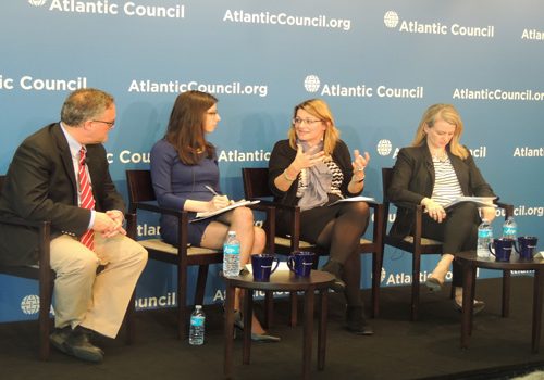 From left: Christian Caryl, Editor at Foreign Policy Magazine, moderated a discussion on “Confronting Far-Right Extremism in Europe” with Alina Polyakova, Deputy Director of the Atlantic Council’s Dinu Patriciu Center; Marlene Laruelle, Professor at The George Washington University’s Elliott School of International Affairs; and Susan Corke, Director of Countering Antisemitism and Extremism at Human Rights First, at the Atlantic Council on March 22. (Atlantic Council)
