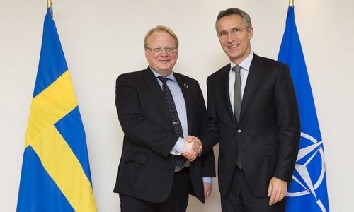 Swedish Defense Minister Peter Hultqvist and Secretary General Jens Stoltenberg, Nov. 18, 2014