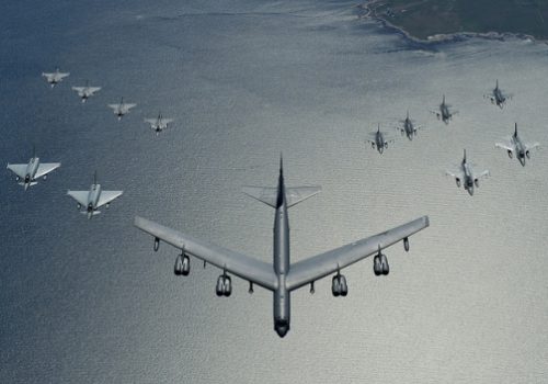 A US B-52, two Polish F-16s, two German Eurofighters, four Swedish Gripens, and four US F-16s, June 14, 2016