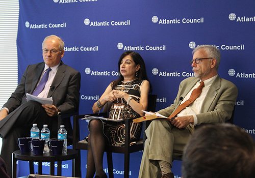 Amb. Frederic Hof, Ms. Geneive Abdo, and Dr. Nathan Brown speaking at the event