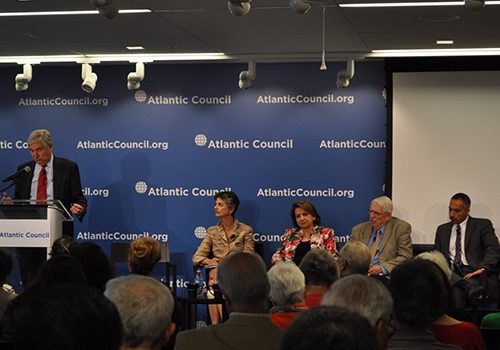 Ambassador John Limbert, Barbara Slavin, Farzaneh Milani, Thomas M. Ricks, and Trita Parsi at the “Ties That Bind: US-Iran Engagement and the Peace Corps Legacy” event hosted by South Asia Center’s Future of Iran Initiative