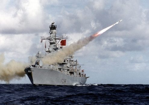 HMS Iron Duke fires Harpoon missile, Oct. 18, 2010