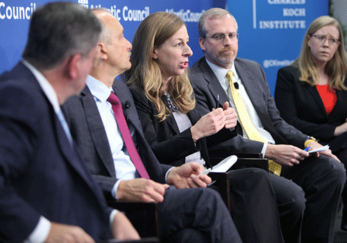 From left: Dr. Daniel Hamilton, Austrian Marshall Plan Foundation professor and executive director of the Center for Transatlantic Relations at the Paul H. Nitze School of Advanced International Studies at Johns Hopkins University, moderated a discussion with Dr. Sergey Aleksashenko, a nonresident senior fellow for global economy and development at the Brookings Institutions; Elizabeth Rosenberg, senior fellow and director of the Energy, Economics, and Security Program at the Center for a New American Security; David Kramer, senior director for human rights and democracy at The McCain Institute for International Leadership; and Dr. Emma Ashford, a research fellow at the CATO Institute. (Atlantic Council/Victoria Langton)