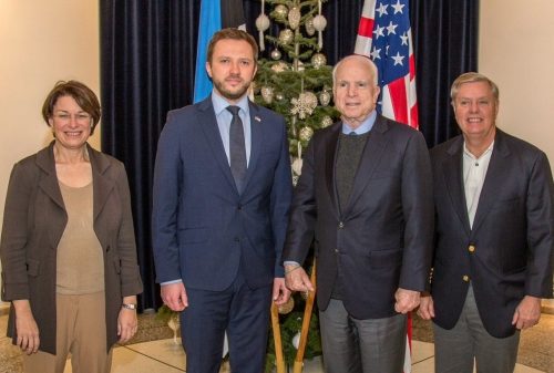 Estonian Defense Minister Margus Tsahkna with senators John McCain, Lindsey Graham, and Amy Klobuchar, Dec. 27, 2016