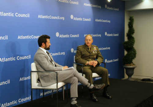 General Robert Neller, Commandant of the US Marine Corps, speaks with moderator Kevin Baron during a Commanders Series event at the Atlantic Council.