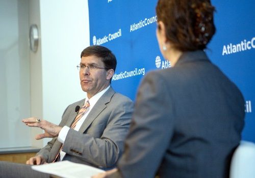 Secretary Esper responds to a question from Dr. Nora Bensahel (left), May 1, 2018.