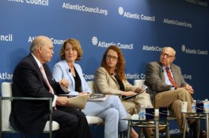 From left to right: Panelists Mr. Olin Wethington, Dr. Kristin Lord, Ms. Suzanne Nossel, and Ambassador Thomas Pickering discuss the implications of divergent values in a multipolar world.