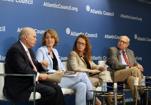 From left to right: Panelists Mr. Olin Wethington, Dr. Kristin Lord, Ms. Suzanne Nossel, and Ambassador Thomas Pickering discuss the implications of divergent values in a multipolar world.