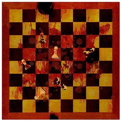 An image of a bloodied chessboard with pawns strewn about.