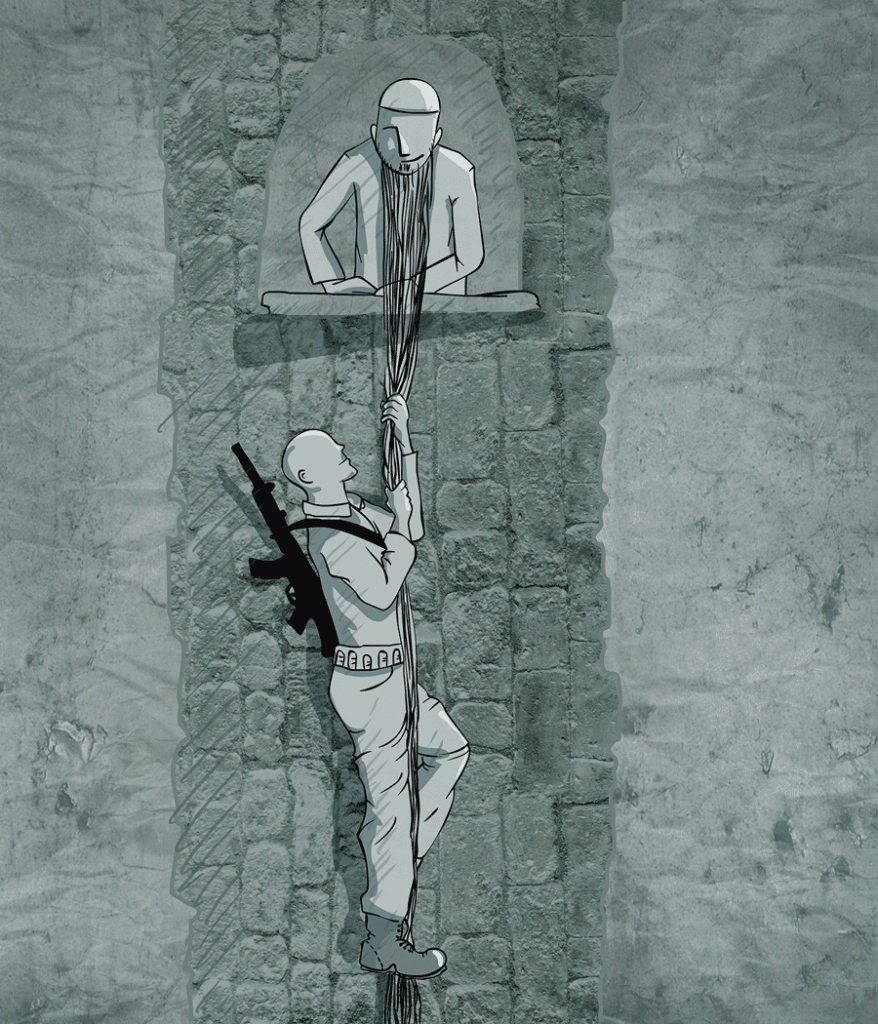 A cartoonish depiction of a man climbing a seemingly religious man's beard up a stone tower, mimicking the tale of Rapunzel.