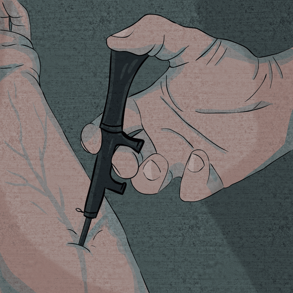 A disembodied hand injects what appears to be an assault rifle's nozzle into his veins.