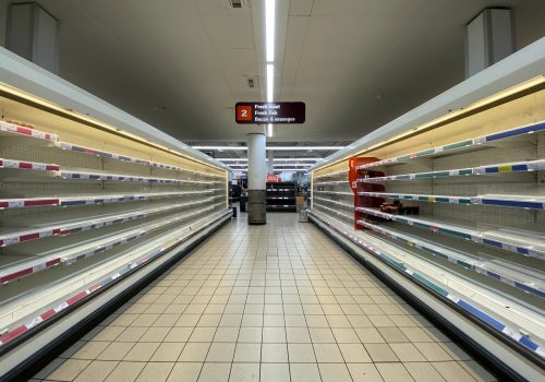 Empty shelves in a grocery store