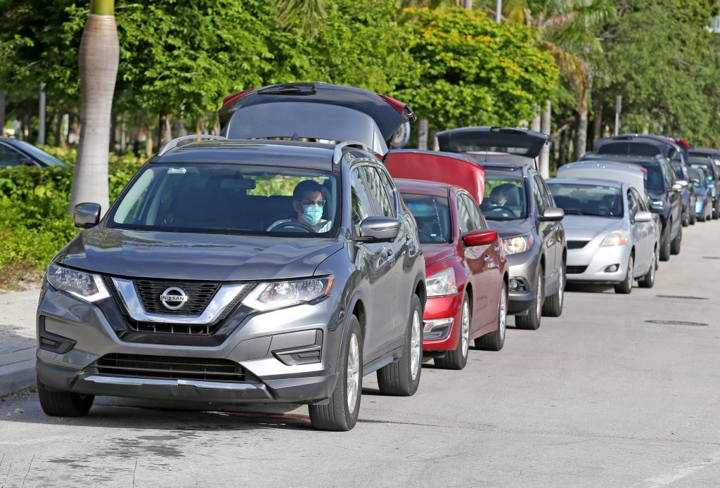Cars lined up at the FarmShare Florida no-contract food drive in Miami, FL on June 27, 2020. 