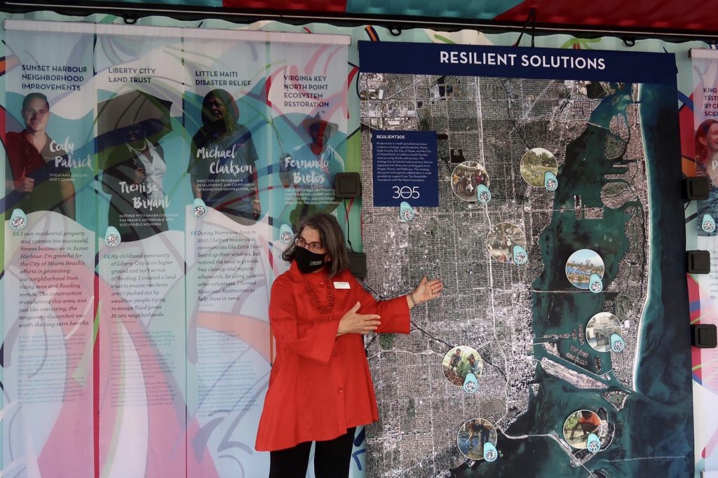 Miami-Dade Commissioner District 8, Daniella Levine Cava showing Miami-Dade County residents the Community Resilience Pod.  