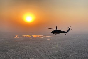 U.S. Soldiers with Alpha Company, 2-104th General Support Aviation Battalion, 28th Expeditionary Combat Aviation Brigade, operating a UH-60 Black Hawk helicopter, conduct aviation operations around the Middle East in support of Operation Inherent Resolve. (U.S. Army photo by Chief Warrant Officer 2 Matthew Bean)