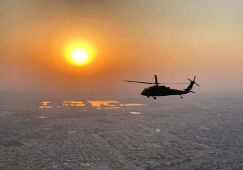 U.S. Soldiers with Alpha Company, 2-104th General Support Aviation Battalion, 28th Expeditionary Combat Aviation Brigade, operating a UH-60 Black Hawk helicopter, conduct aviation operations around the Middle East in support of Operation Inherent Resolve. (U.S. Army photo by Chief Warrant Officer 2 Matthew Bean)