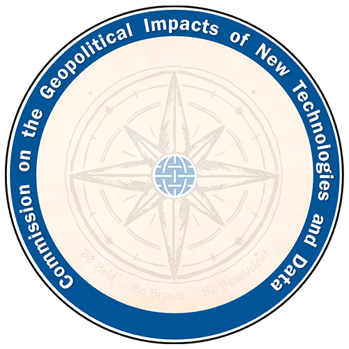 Logo of the Commission on the Geopolitical Impacts of New Technologies and Data. Includes an 8-point compass rose in the middle with the words "Be Bold. Be Brave. Be Benevolent" at the bottom.