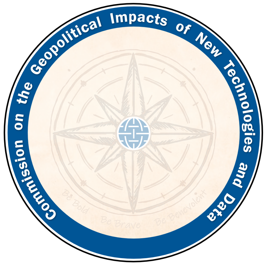 Logo of the Commission on the Geopolitical Impacts of New Technologies and Data. Includes an 8-point compass rose in the middle with the words "Be Bold. Be Brave. Be Benevolent" at the bottom.