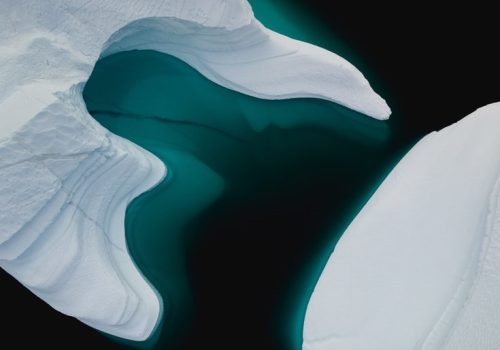 Aerial view of Arctic icebergs.