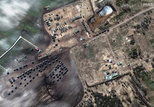 A satellite image shows ground forces equipment and a convoy, in Khilchikha, Belarus February 28, 2022. Satellite image 2022 Maxar Technologies/Handout via REUTERS
