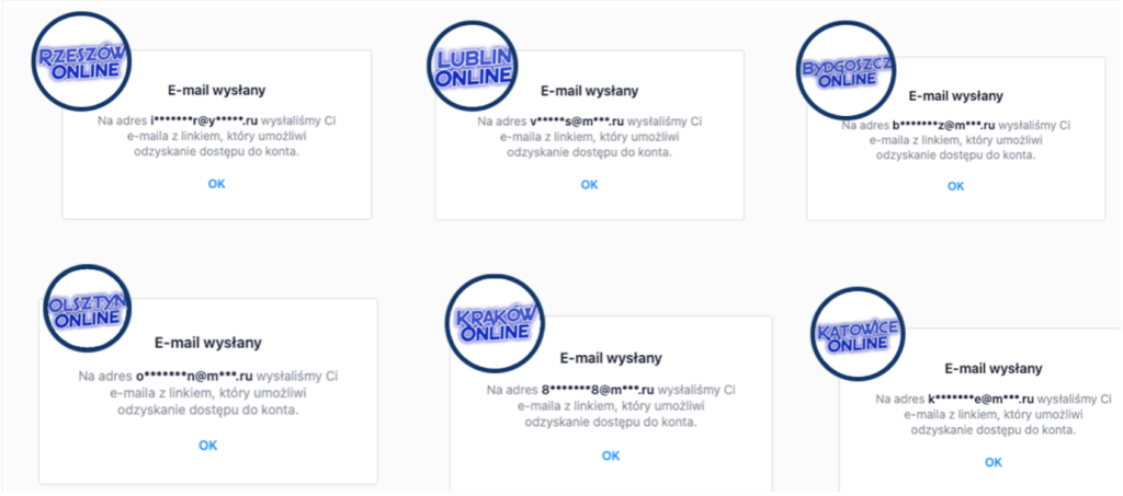 Screencaps show that Instagram accounts were registered via Russian email domains. (Source: Demagog/archive)