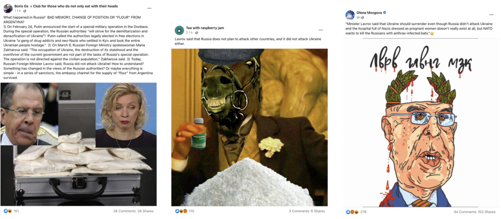 Screenshots of memes on Facebook about Lavrov’s statement, translated from Russian. (Source: Boris Gs, left; Tea with raspberry jam, middle; Olena Mozgova, right)