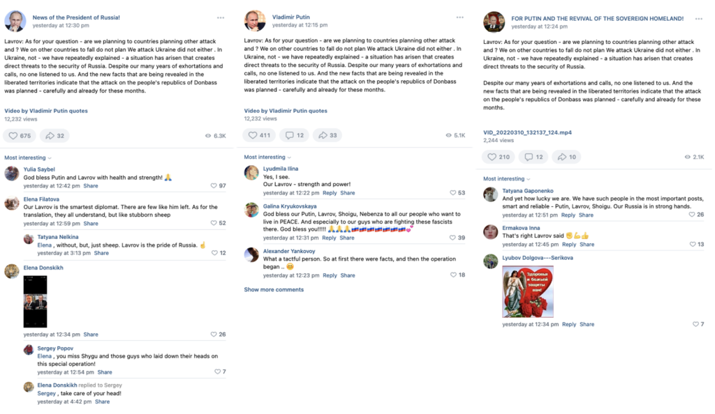 Screenshots of identical posts from pro-Kremlin pages on VKontakte (translated from Russian). (Source: News of the President of Russia/archive, left; Vladimir Putin/archive, middle; FOR PUTIN AND THE REVIVAL OF THE SOVEREGN HOMELAND!/archive, right)