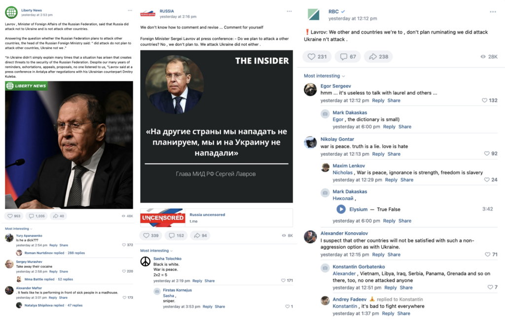 Screenshots of posts about Lavrov’s statement on VKontakte (translated from Russian) (Source: Liberty News/archive, left; RUSSIA/archive, middle; RBC/archive, right)