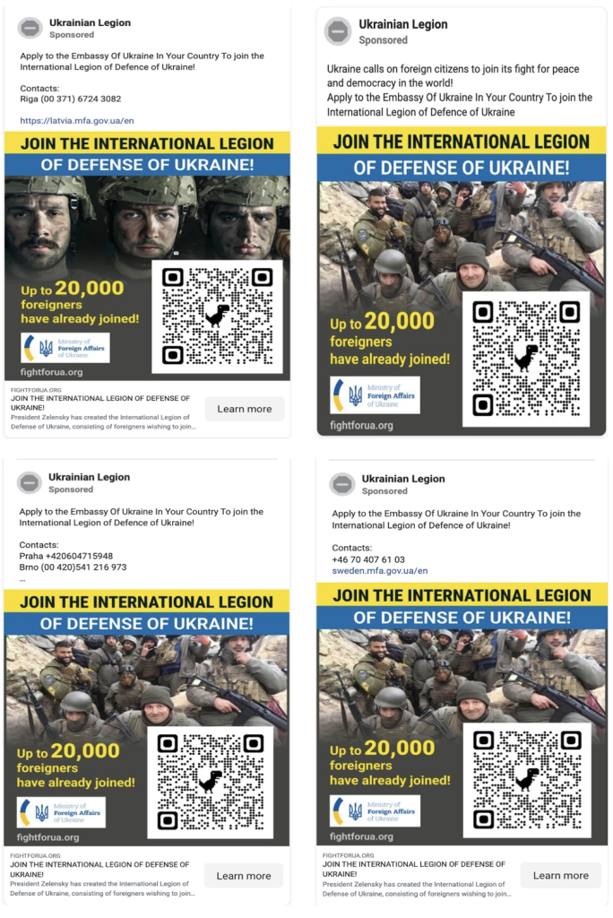 A screencap shows a collection of ads launched by Ukrainian Legion Facebook page (Source: DFRLab via Meta Ad Library)