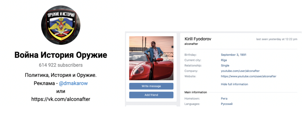 A screengrab shows that the owner of the TG channel Война История Оружие is Russian blogger Kirill Fyodorov. (Source: Война История Оружие, left; Kirill Fyodorov, right)