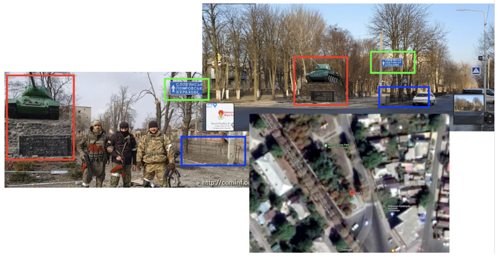 An image depicting three South Ossetian soldiers was taken at Liberation Memorial Park in Volnovakha. (Source: Agency Res, right; Google Maps, top right, bottom right)