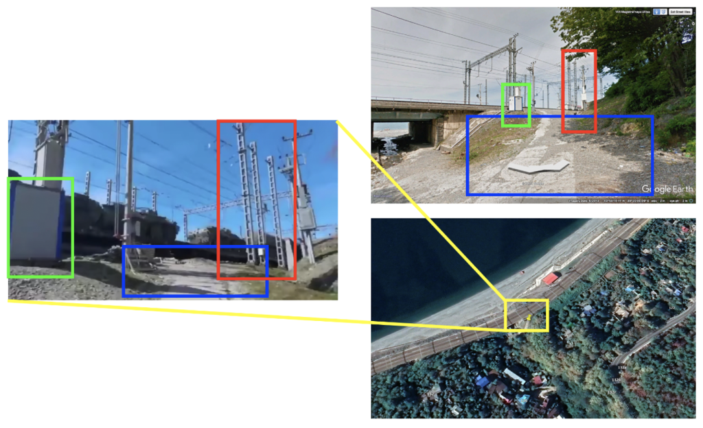Geolocation of troops from Abkhazia near the village of Chemitokhvadzhe in Krasnodar Krai, Russia. (Source: ДвіЩ, left; Google Earth, top right, bottom right)