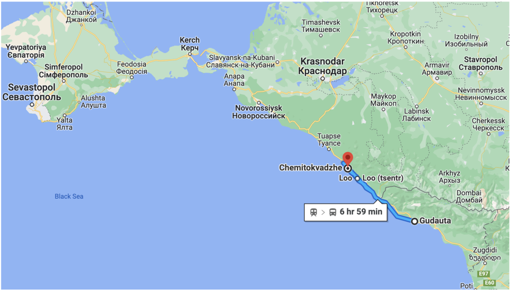 Google map showing the distance that units from Russia’s 7th military base traveled. The military convoy was first spotted at Gudauta railway station in Abkhazia, Georgia. Five days later, the convoy was spotted in Chemitokvadzhe, Russia. Note that the time depicted is for civilian trains; trains carrying military equipment would likely move slower. (Source: Google Maps)