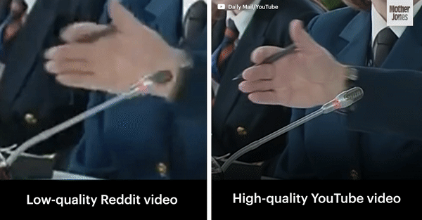 Side-by-side comparison of poor-quality video on Reddit and better-quality video on YouTube by Mother Jones. (Source: Mother Jones/archive)