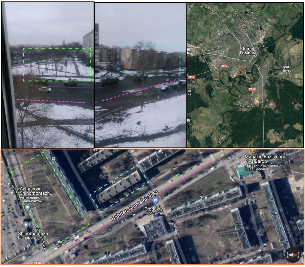 Russian troops rolling through the streets of Gomel, Belarus (top left and top center). The video in question was geolocated near Bahdan Chmialnicki Street, house 91 (top right and bottom).(Source: @YWNReporter/Archive; Google Maps)