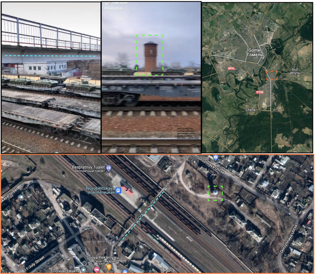 Geolocation of Russian troops loading their vehicles onto trains in Gomel, Belarus. The video in question was geolocated to the south train station in Gomel.(Source: GoogleMaps, bottom, right; @MarQs__/Archive, left, center)