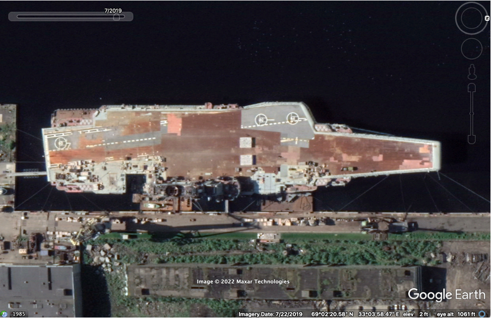 Screenshot of July 2019 imagery of the Admiral Kuznetsov, undergoing refitting at the same location in Murmansk. The image shows no signs of blurring. (Source: Google Earth)