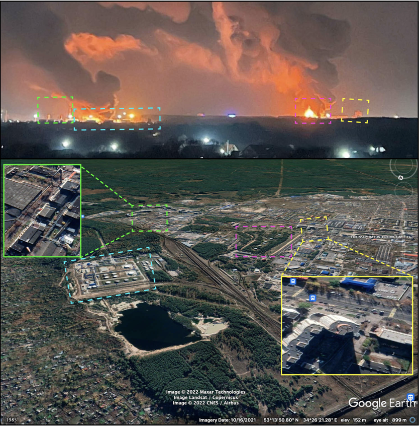 Geolocation of a burning fuel depot of the Russian Armed Forces (marked in blue) and a Rosneft oil depot (marked in purple). Additional geolocation details: large industrial chimneys marked in green, a residential high-rise with a distinct shape, marked in yellow. (Source: @SputnikATO/archive, top; GoogleMaps, bottom)