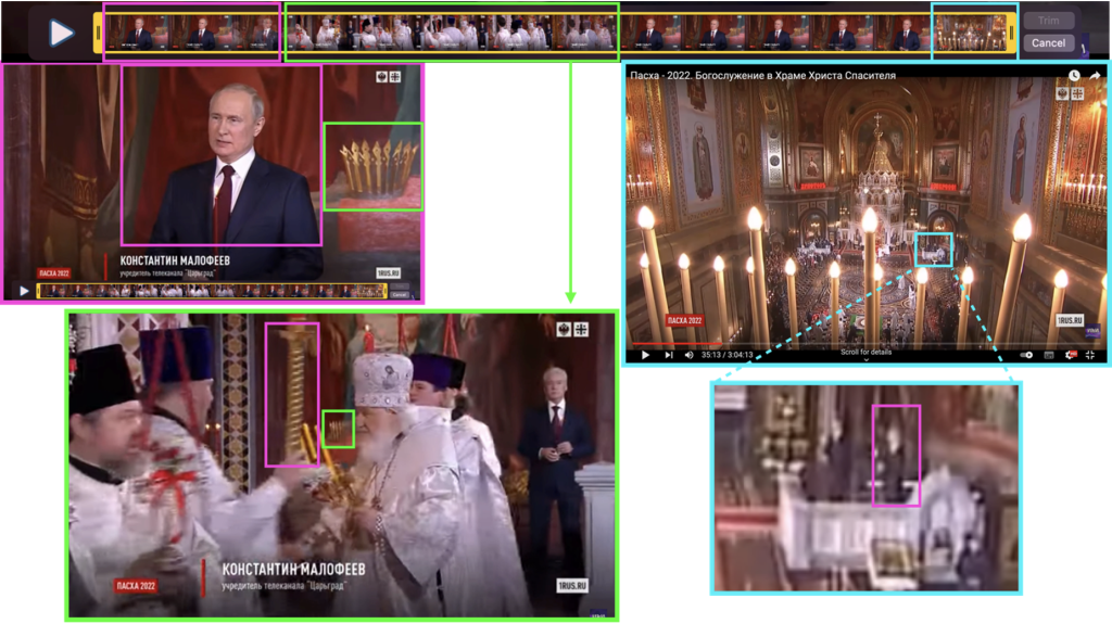 Visual analysis of Putin’s appearance at the 2022 Orthodox Easter service. Pink boxes mark Putin, or where some internet users said he should be standing; green boxes mark the painted crown; and blue boxes mark the zoomed-out angle in which a figure in the same previous position as Putin is visible. (Source: BEST MUSIC/archive)