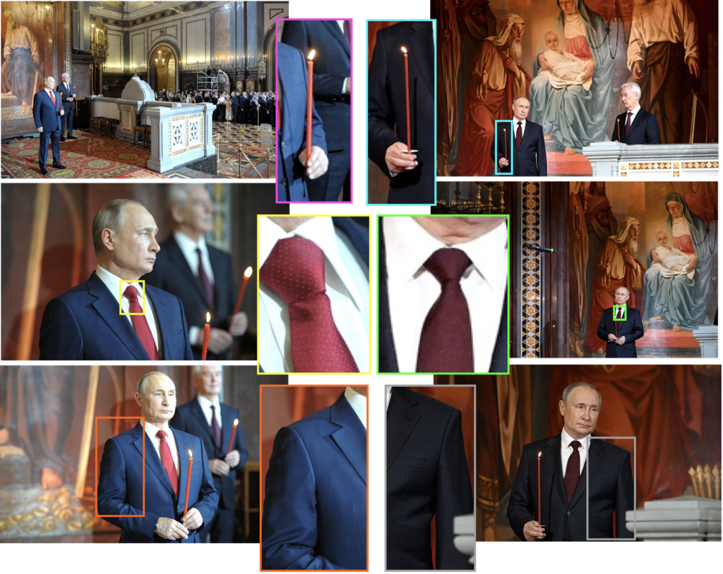 Visual comparison of the 2021 and 2022 photos shows that Putin is holding different candles (pink and blue boxes), the earlier without a drip protector and the later with one, and  possibly wearing a different tie (yellow and green boxes) and a different suit (orange and grey boxes).(Source: Kremlin.ru/archive, left; Kremlin.ru/archive, right)