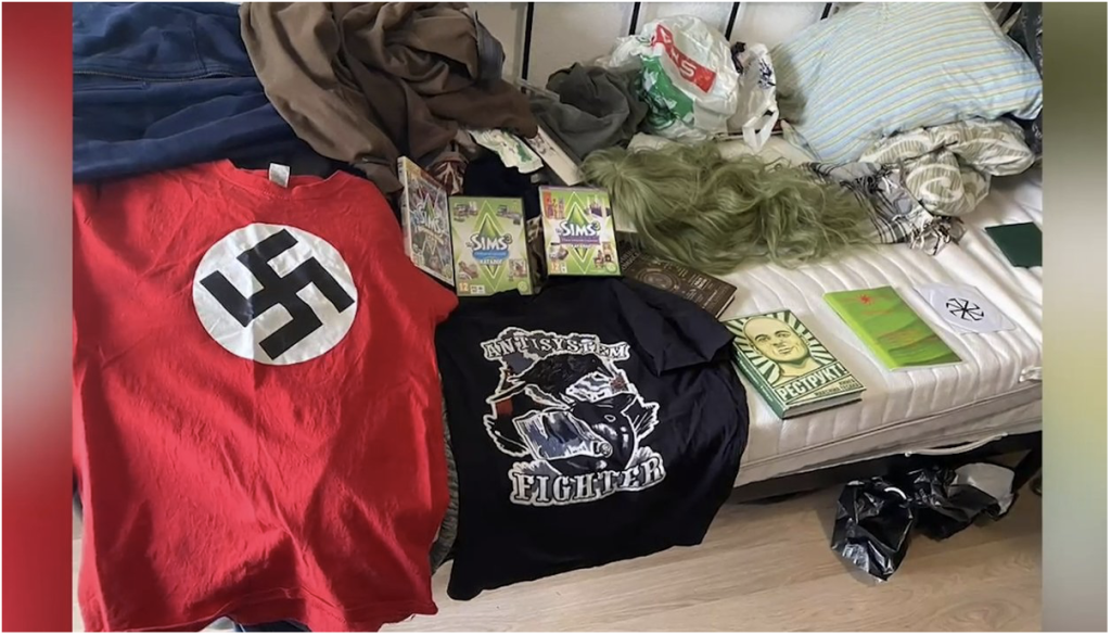 Screencap showing the supposedly seized belongings of an alleged Ukrainian “neo-Nazi” group from a raid by Russia’s FSB. The belongings include a wig, new t-shirts, and copies of video game Sims 3. (Source: @francska1/archive)