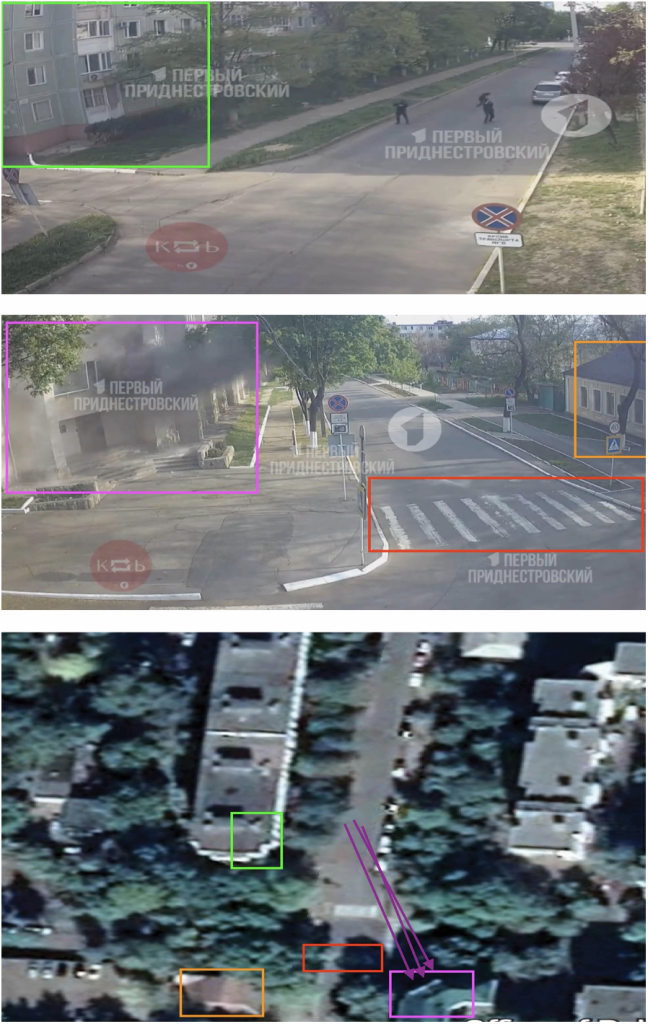 Comparison of screenshots from a video released by Transnistrian media (top and middle) and Google Earth satellite imagery (bottom), confirming the location of the incident. The video shows a residential building opposite the ministry building (green box), a yellow building opposite the ministry building (yellow box), and a pedestrian crossing (red box). The pink box marks the ministry building itself, and the three arrows mark the trajectory of the grenade launchers. (Source: First Pridnestrovial Channel video/archive, top and middle; DFRLab via Google Earth, bottom)