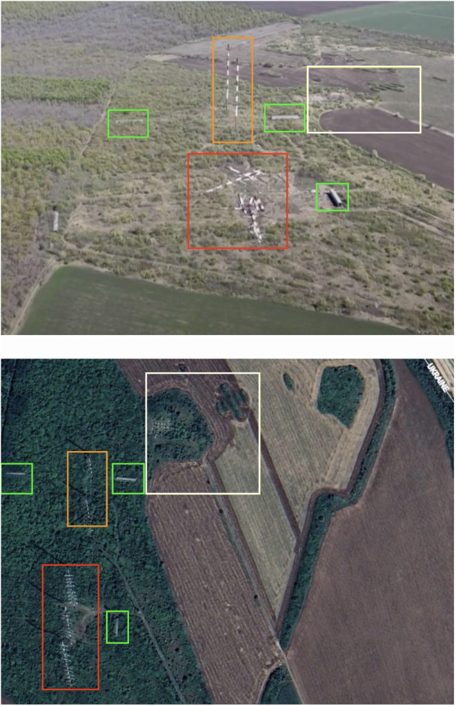 Comparison of a screenshot (top) from a First Pridnestrovian Channel video and image from Google Earth (bottom). Visible in the footage are antennas (red and yellow boxes), three buildings near the antennas (green boxes), and a distinctive shape of forest and agricultural land (white box). The Ukrainian border is visible in the top right corner of the Googe Earth capture. (Source: First Pridnestrovian Channel/archive; DFRLab via Google Earth, bottom)