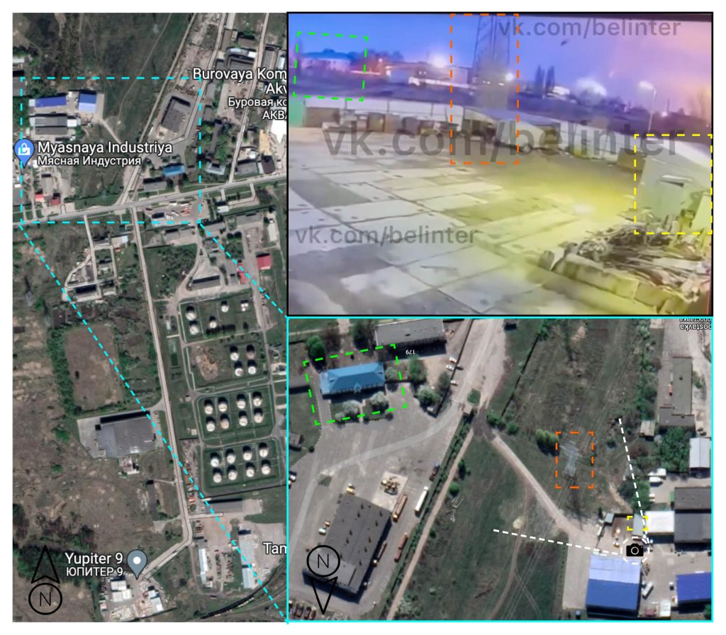 Geolocation of the video showing a possible attack on the Belgorod oil refinery. The video recording was taken just north of the facility. (Source: Google Maps, left, bottom; @RaLee85/archive)