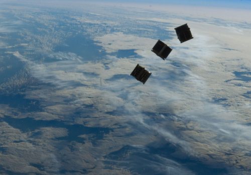 Several tiny satellites photographed by an Expedition 33 crew member on the International Space Station. The satellites were released outside the Kibo laboratory using a Small Satellite Orbital Deployer attached to the Japanese module’s robotic arm on Oct. 4, 2012. Source: NASA, “Several tiny satellites,” Wikimedia Commons, October 4, 2012, https://commons.wikimedia.org/wiki/File:ISS-33_Several_tiny_satellites_1.jpg.