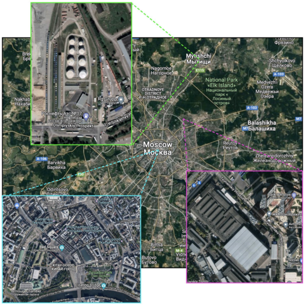 Map showing the distance from the Bogorodskoye and Mytishchi fires to the Kremlin. Green shows the oil depot in Mytishchi, pink shows the warehouse in Bogorodskoye, blue marks the Kremlin. (Source: GoogleMaps, green; GoogleMaps, pink; GoogleMaps, blue)