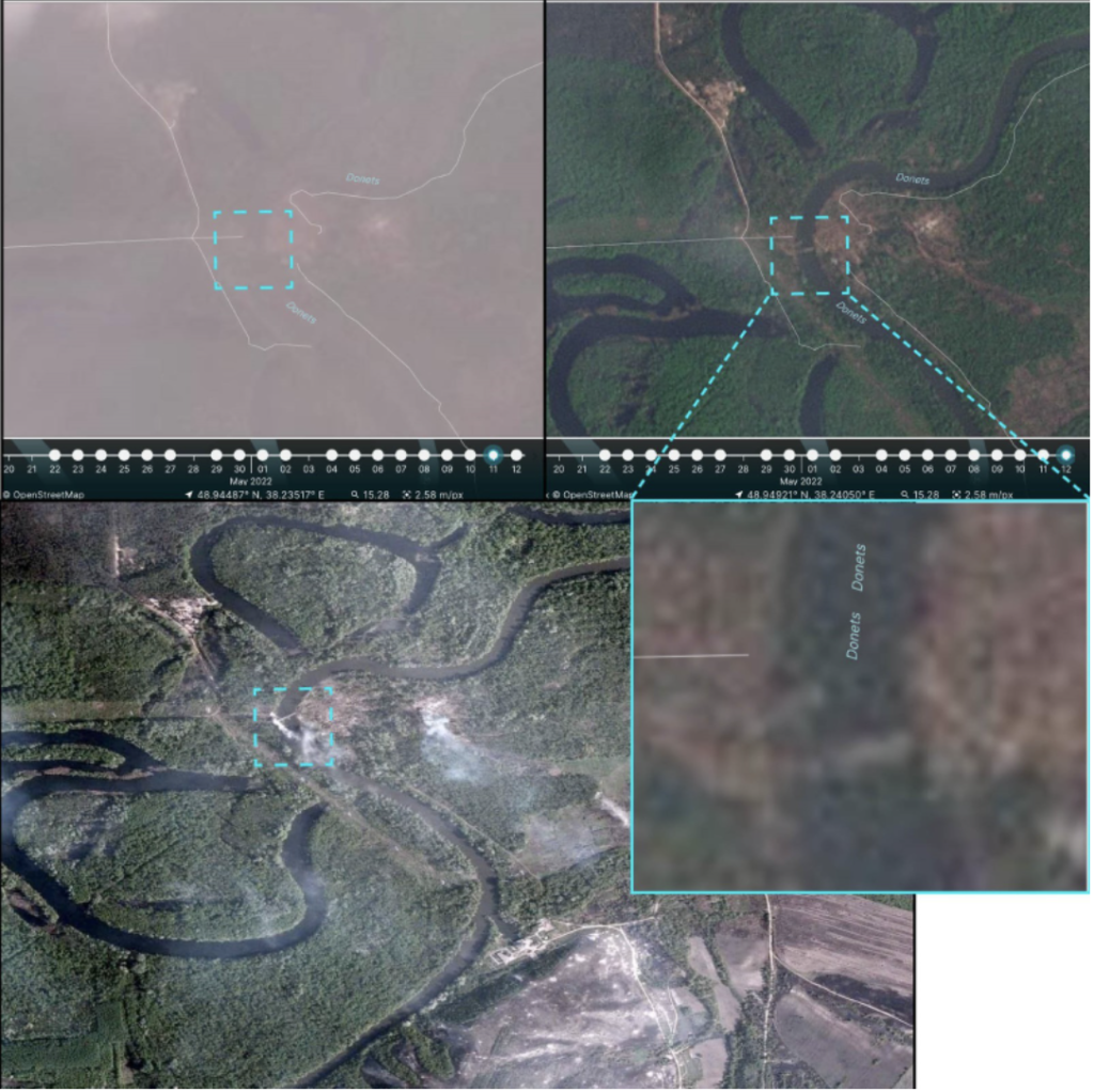 Using drone footage supplied by the Ukrainian Defense Ministry, the DFRLab confirmed the incident took place near the Russian town of Belohorivka. (Source: @TXlrgA0vCNNaf1G/archive) 