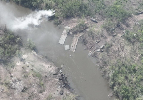 Using drone footage supplied by the Ukrainian Defense Ministry, the DFRLab confirmed the incident took place near the Russian town of Belohorivka. (Source: @DefenceU/archive)