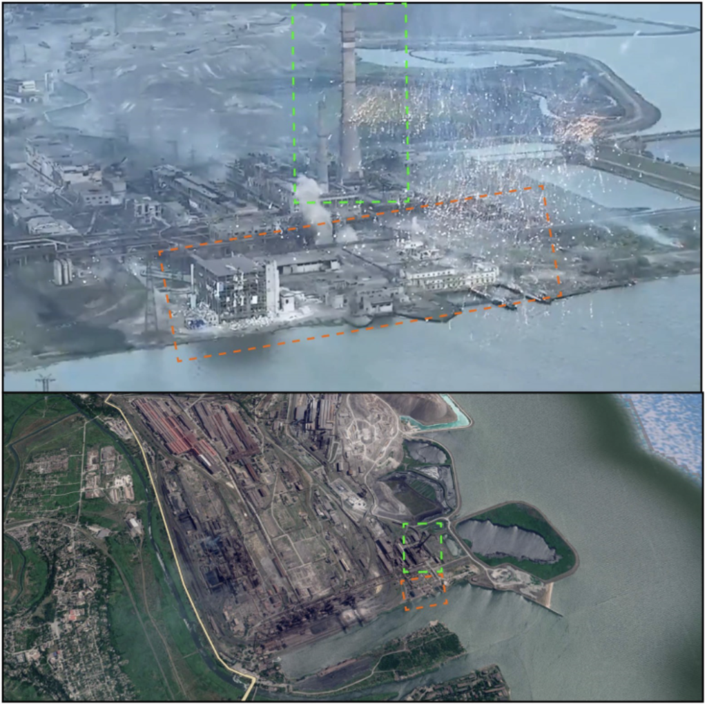 Geolocation of the shelling of the Azovstal plant. The green color marks the industrial chimneys, while the orange marks the structures by the lagoon. (Source: @faceofwar/archive, top; GoogleMaps, bottom)