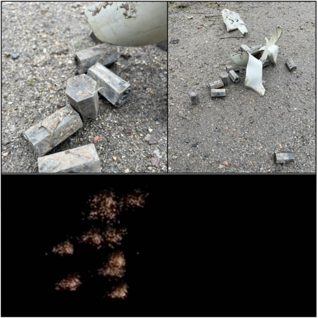 Hexagonal incendiary munitions photographed in the village of Novoiakovlivka on April 19, 2022 (top) are reported to be the same munitions used against the Azovstal plant. Visually, these munitions explode in a similar pattern, as seen in the video of the Azovstal bombing (bottom). (Source: armamentresearch.com/archive)